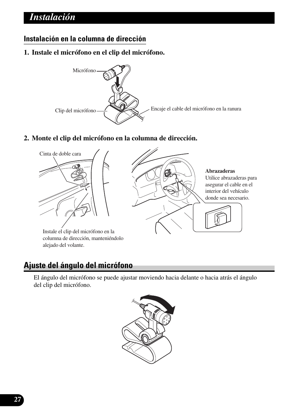 Instalación en la columna de dirección, Ajuste del ángulo del micrófono, Instalación | Pioneer AVIC-HD1BT User Manual | Page 56 / 170