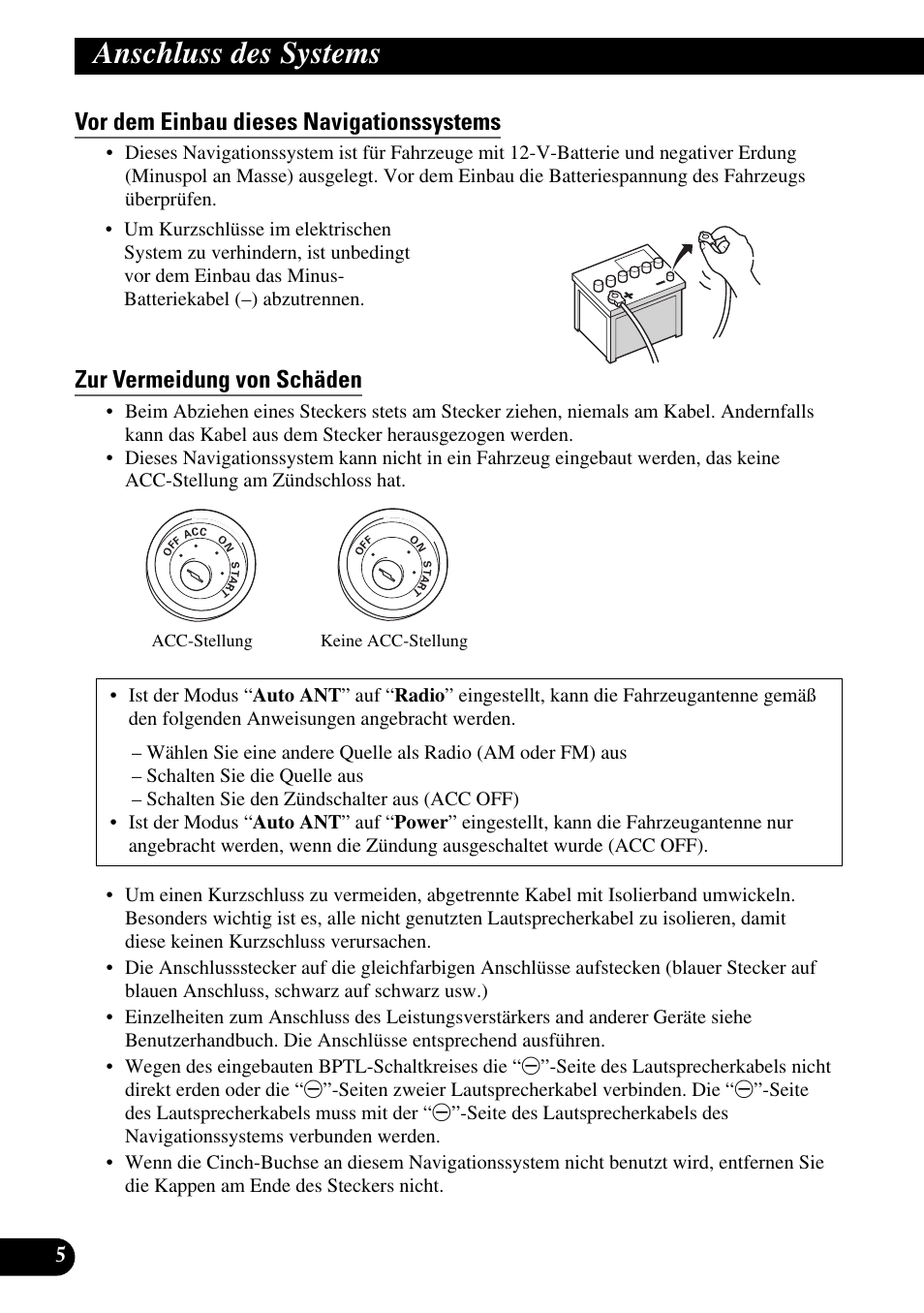 Vor dem einbau dieses navigationssystems, Zur vermeidung von schäden, Anschluss des systems | Pioneer AVIC-HD1BT User Manual | Page 62 / 170