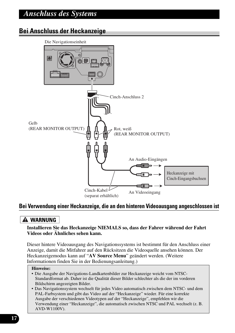 Bei anschluss der heckanzeige, Anschluss des systems | Pioneer AVIC-HD1BT User Manual | Page 74 / 170