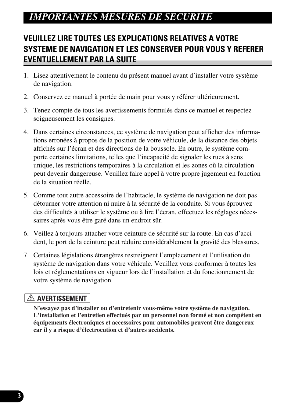 Importantes mesures de, Securite, Veuillez lire toutes les | Importantes mesures de securite | Pioneer AVIC-HD1BT User Manual | Page 88 / 170