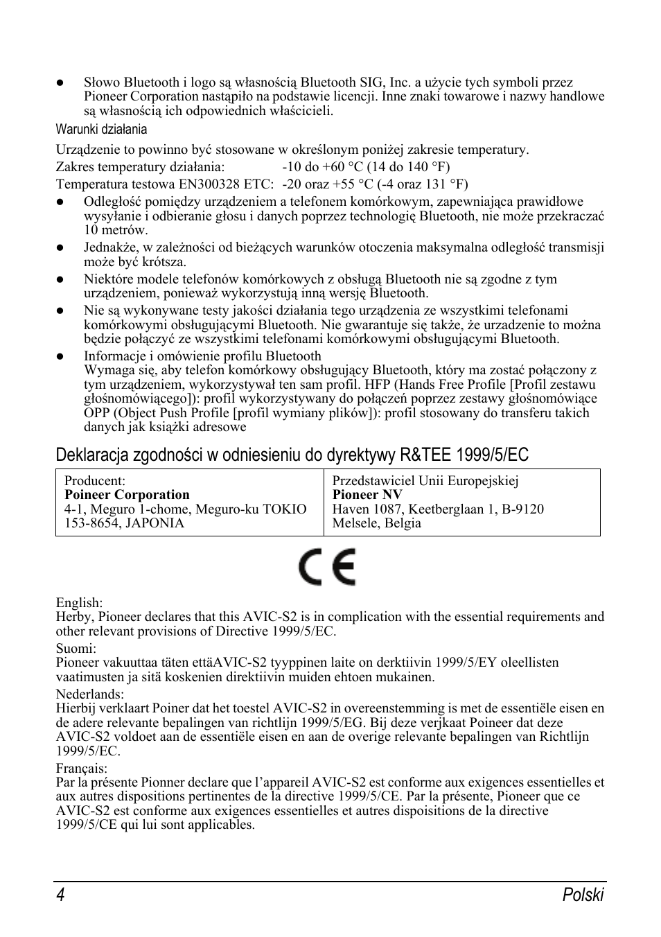 Warunki działania, 4polski | Pioneer AVIC-S2 RU User Manual | Page 100 / 153