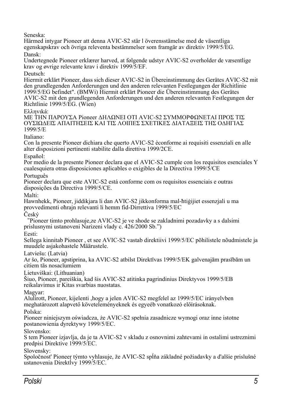 Polski 5 | Pioneer AVIC-S2 RU User Manual | Page 101 / 153