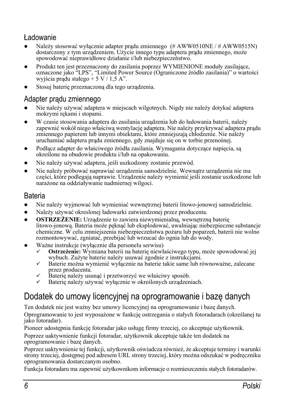 Ładowanie, Adapter prądu zmiennego, Bateria | 6polski | Pioneer AVIC-S2 RU User Manual | Page 102 / 153