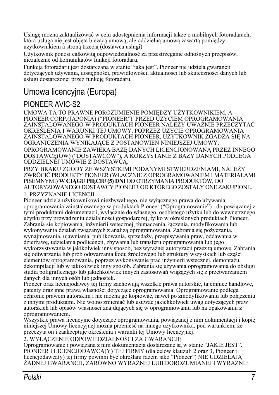 Umowa licencyjna (europa), Pioneer avic-s2, Polski 7 | Pioneer AVIC-S2 RU User Manual | Page 103 / 153