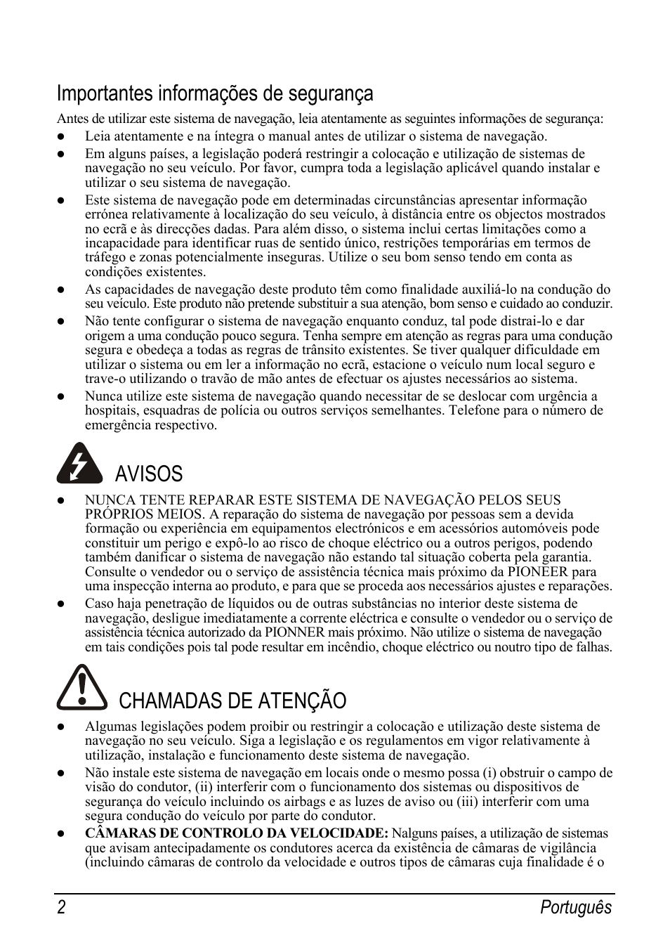Importantes informações de segurança, Avisos, Chamadas de atenção | 2 português | Pioneer AVIC-S2 RU User Manual | Page 106 / 153
