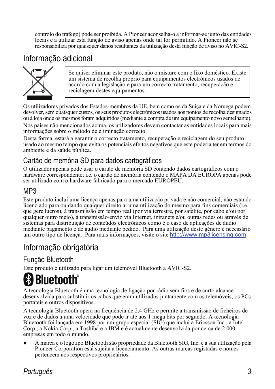 Informação adicional, Cartão de memória sd para dados cartográficos, Informação obrigatória | Função bluetooth, Português 3 | Pioneer AVIC-S2 RU User Manual | Page 107 / 153