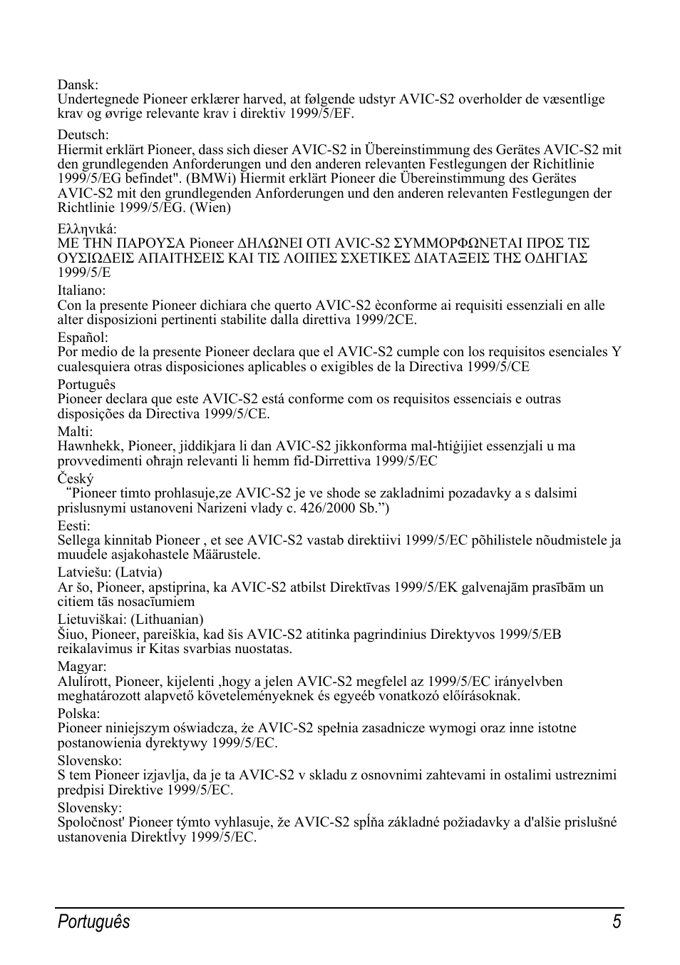 Português 5 | Pioneer AVIC-S2 RU User Manual | Page 109 / 153