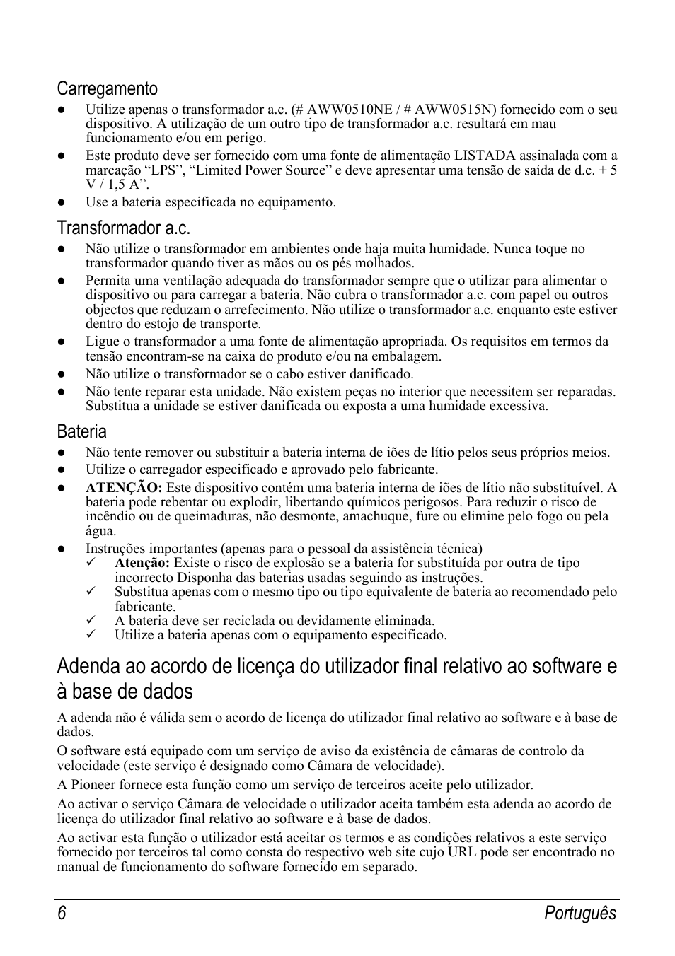 Carregamento, Transformador a.c, Bateria | 6 português | Pioneer AVIC-S2 RU User Manual | Page 110 / 153