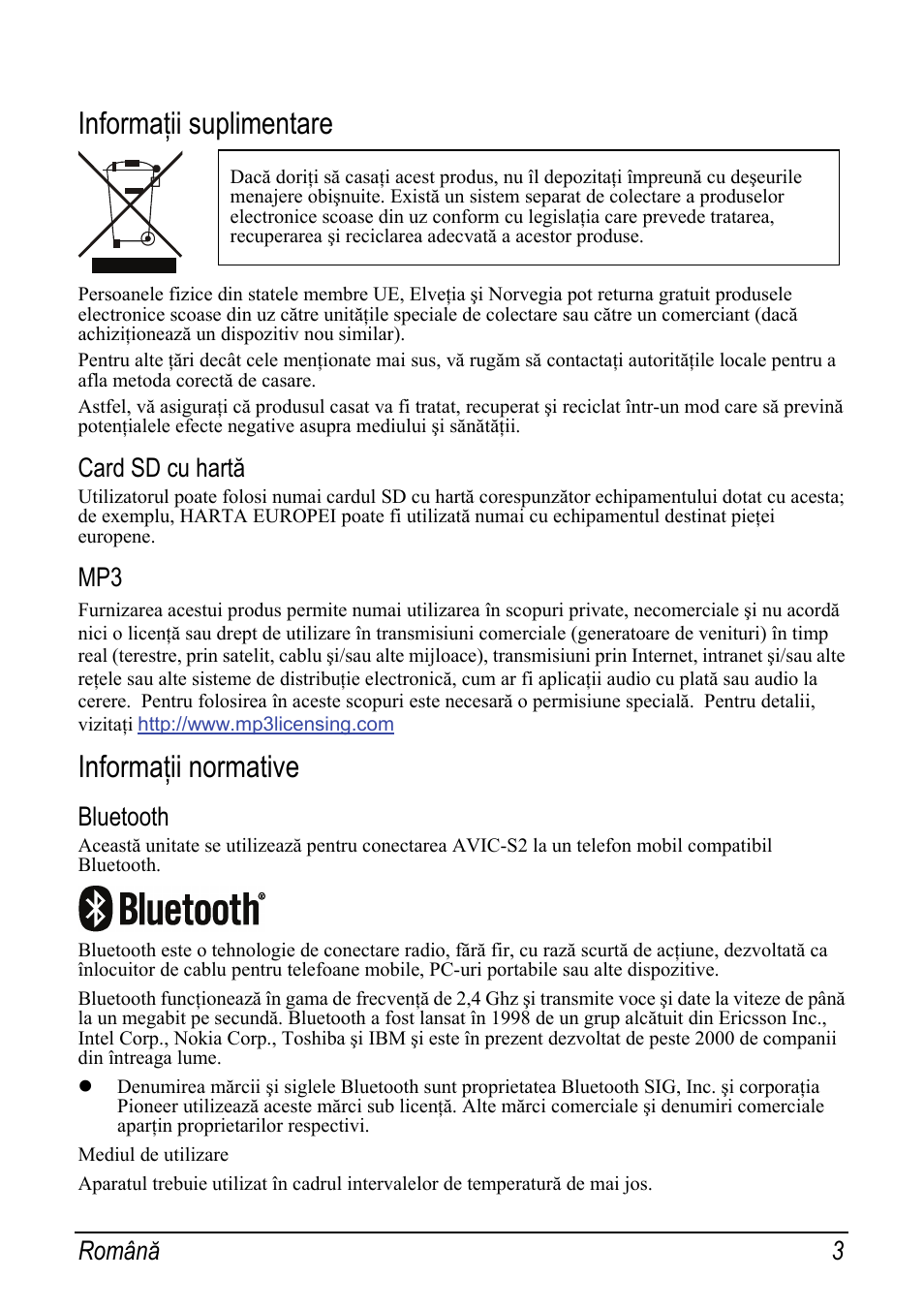 Informaţii suplimentare, Card sd cu hartă, Informaţii normative | Bluetooth, Mediul de utilizare, Română 3 | Pioneer AVIC-S2 RU User Manual | Page 123 / 153