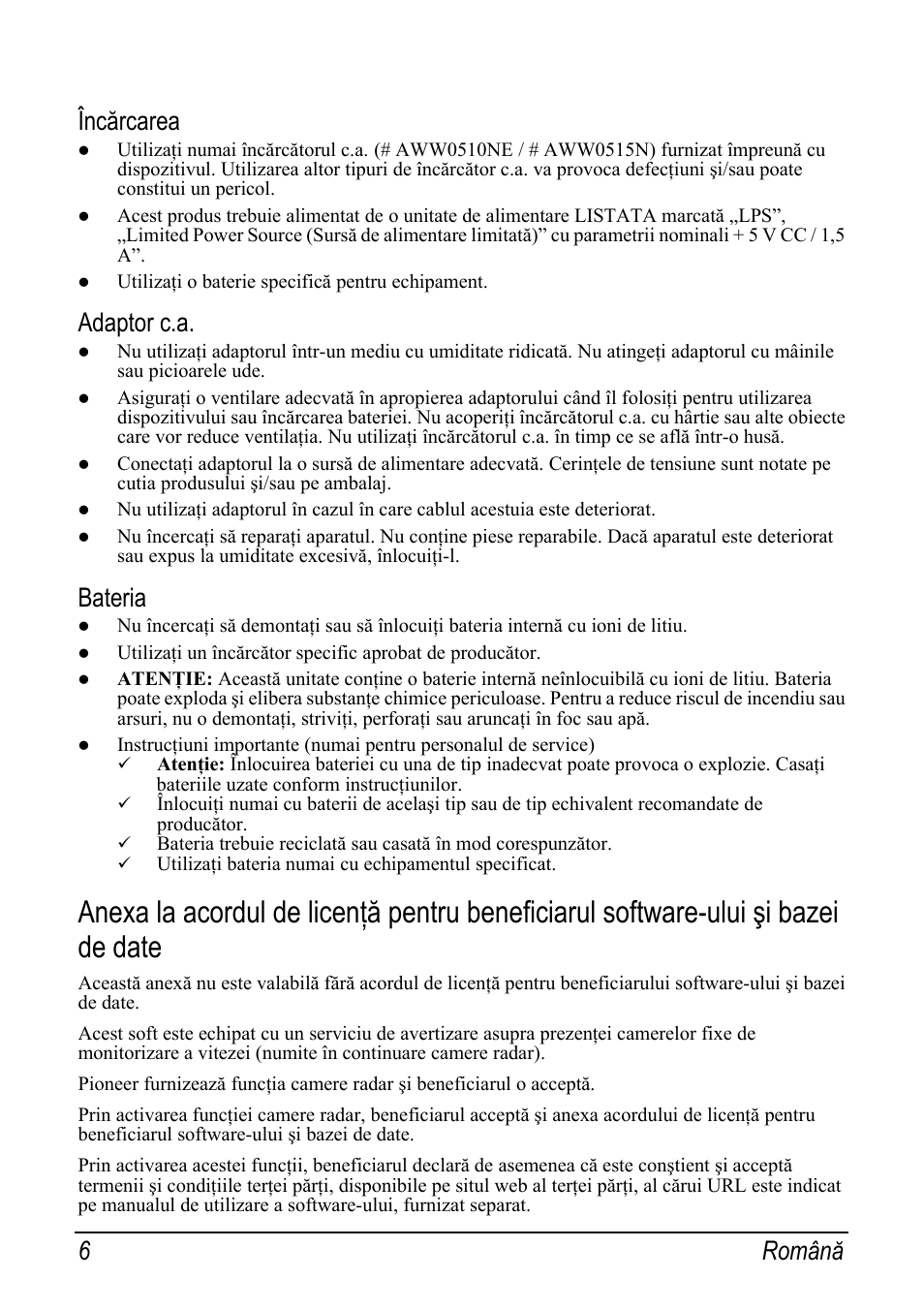 Încărcarea, Adaptor c.a, Bateria | 6 română | Pioneer AVIC-S2 RU User Manual | Page 126 / 153