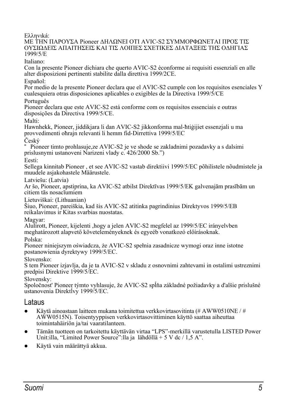 Lataus, Suomi 5 | Pioneer AVIC-S2 RU User Manual | Page 133 / 153