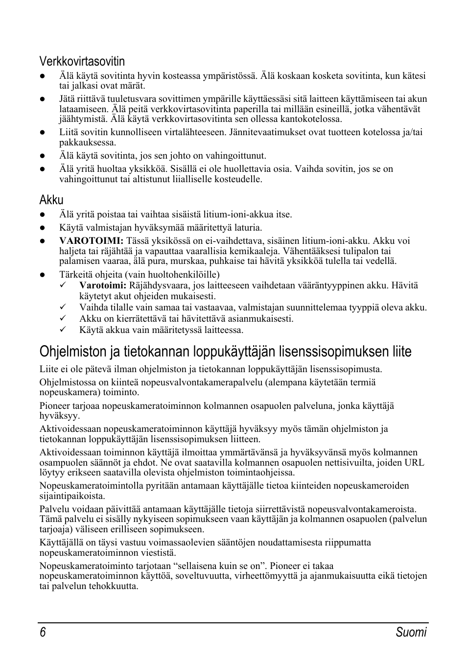 Verkkovirtasovitin, Akku, 6 suomi | Pioneer AVIC-S2 RU User Manual | Page 134 / 153