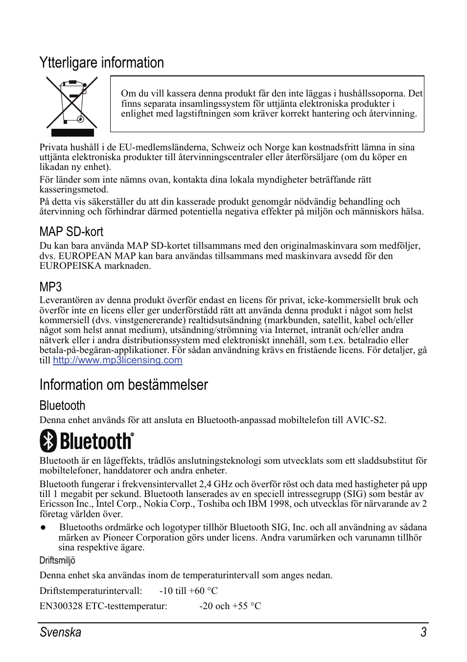 Ytterligare information, Map sd-kort, Information om bestämmelser | Bluetooth, Driftsmiljö, Svenska 3 | Pioneer AVIC-S2 RU User Manual | Page 139 / 153