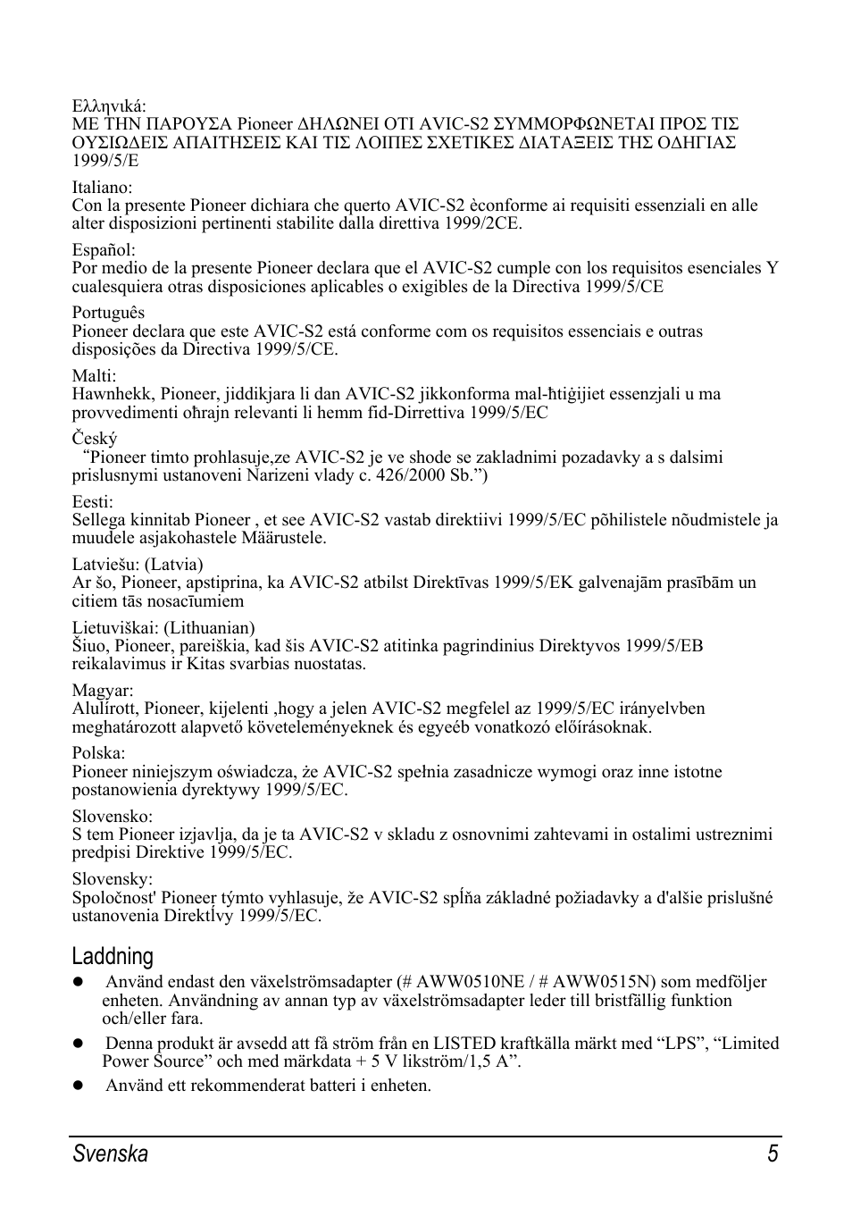 Laddning, Svenska 5 | Pioneer AVIC-S2 RU User Manual | Page 141 / 153
