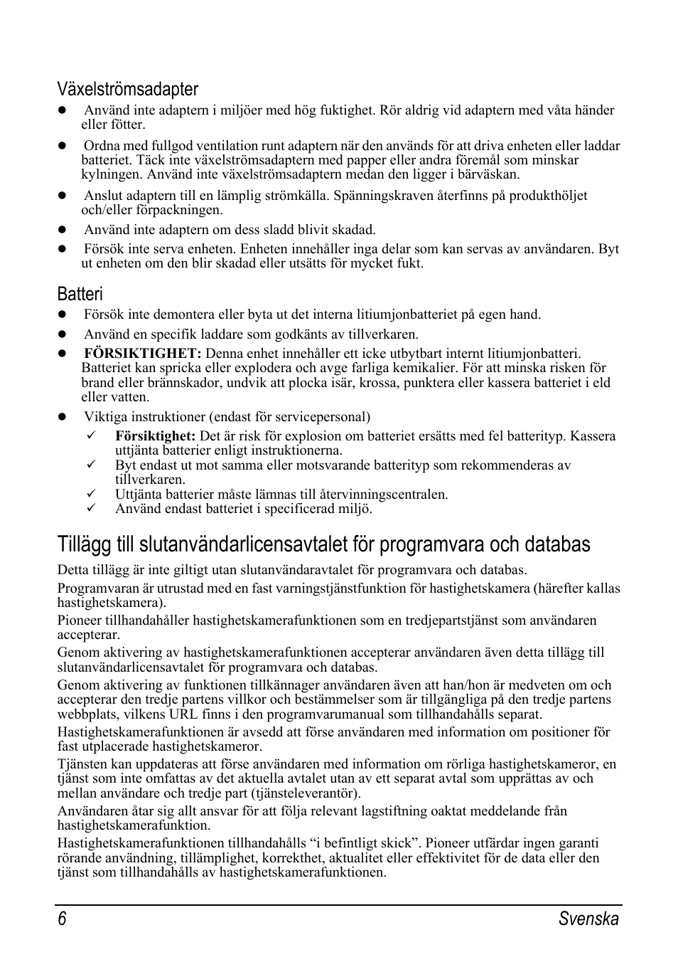 Växelströmsadapter, Batteri, 6svenska | Pioneer AVIC-S2 RU User Manual | Page 142 / 153