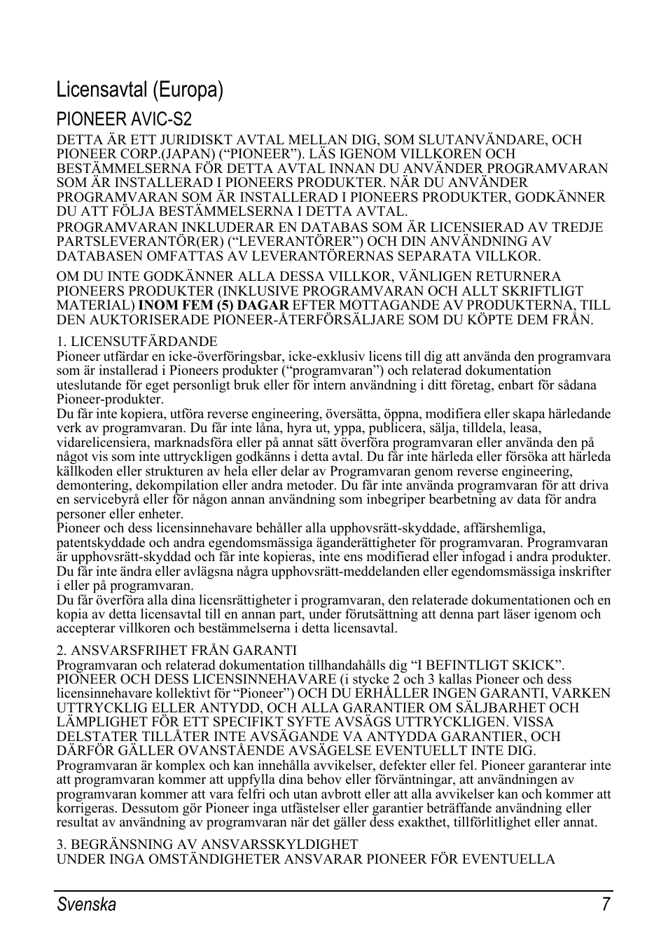 Licensavtal (europa), Pioneer avic-s2, Svenska 7 | Pioneer AVIC-S2 RU User Manual | Page 143 / 153