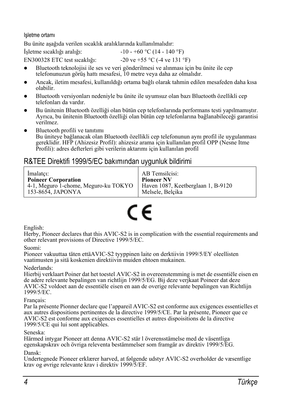Işletme ortamı, 4 türkçe | Pioneer AVIC-S2 RU User Manual | Page 148 / 153