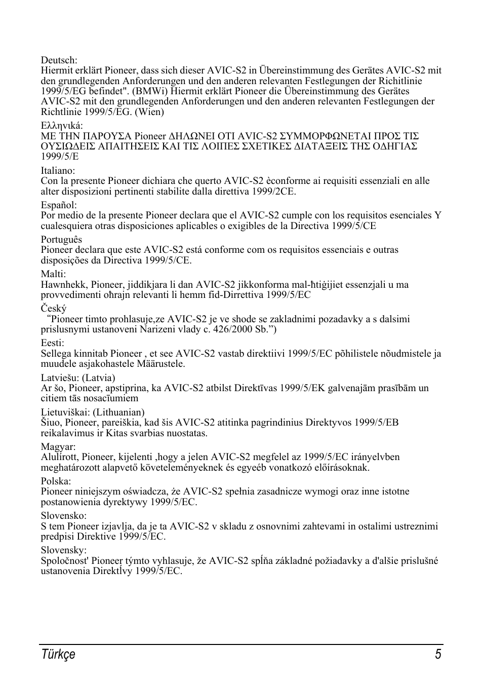 Türkçe 5 | Pioneer AVIC-S2 RU User Manual | Page 149 / 153