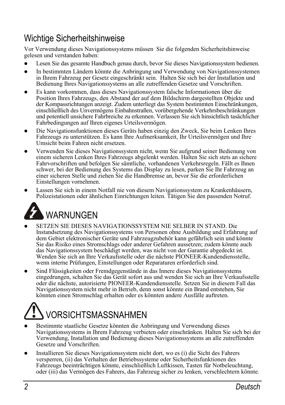 Wichtige sicherheitshinweise, Warnungen, Vorsichtsmassnahmen | 2 deutsch | Pioneer AVIC-S2 RU User Manual | Page 18 / 153