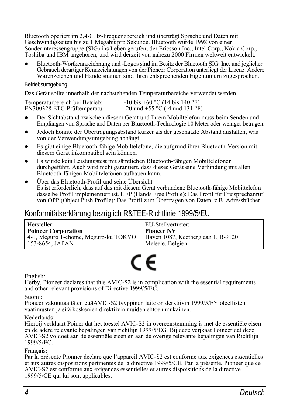 Betriebsumgebung, 4 deutsch | Pioneer AVIC-S2 RU User Manual | Page 20 / 153