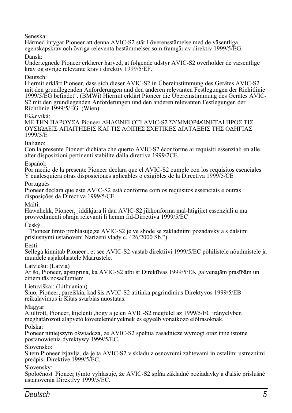 Deutsch 5 | Pioneer AVIC-S2 RU User Manual | Page 21 / 153