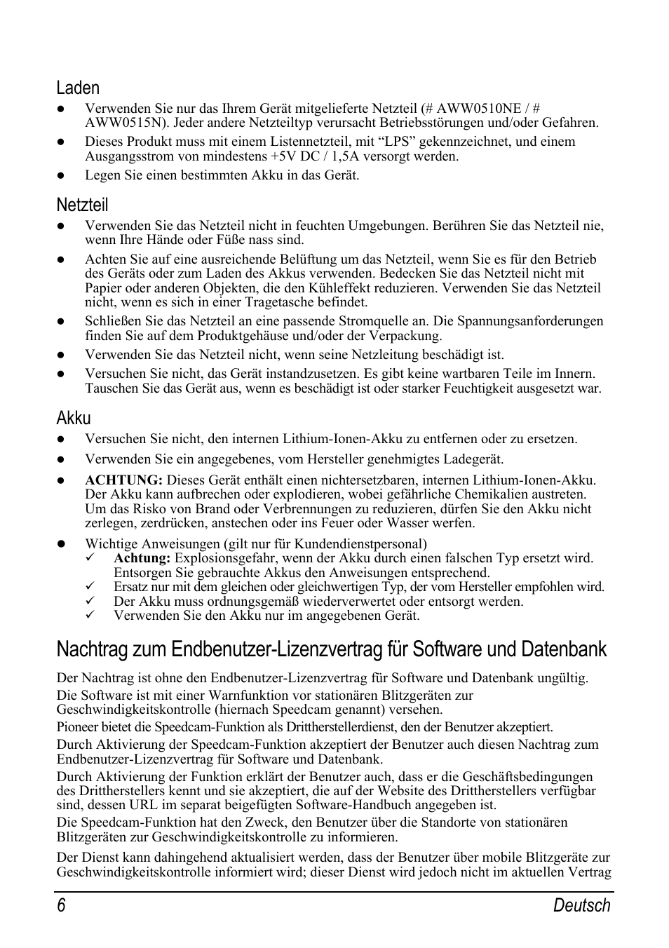 Laden, Netzteil, Akku | 6 deutsch | Pioneer AVIC-S2 RU User Manual | Page 22 / 153