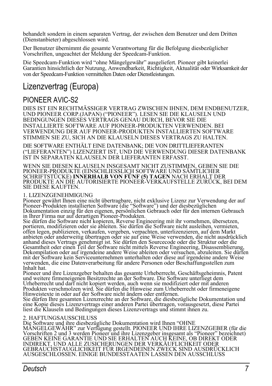 Lizenzvertrag (europa), Pioneer avic-s2, Deutsch 7 | Pioneer AVIC-S2 RU User Manual | Page 23 / 153