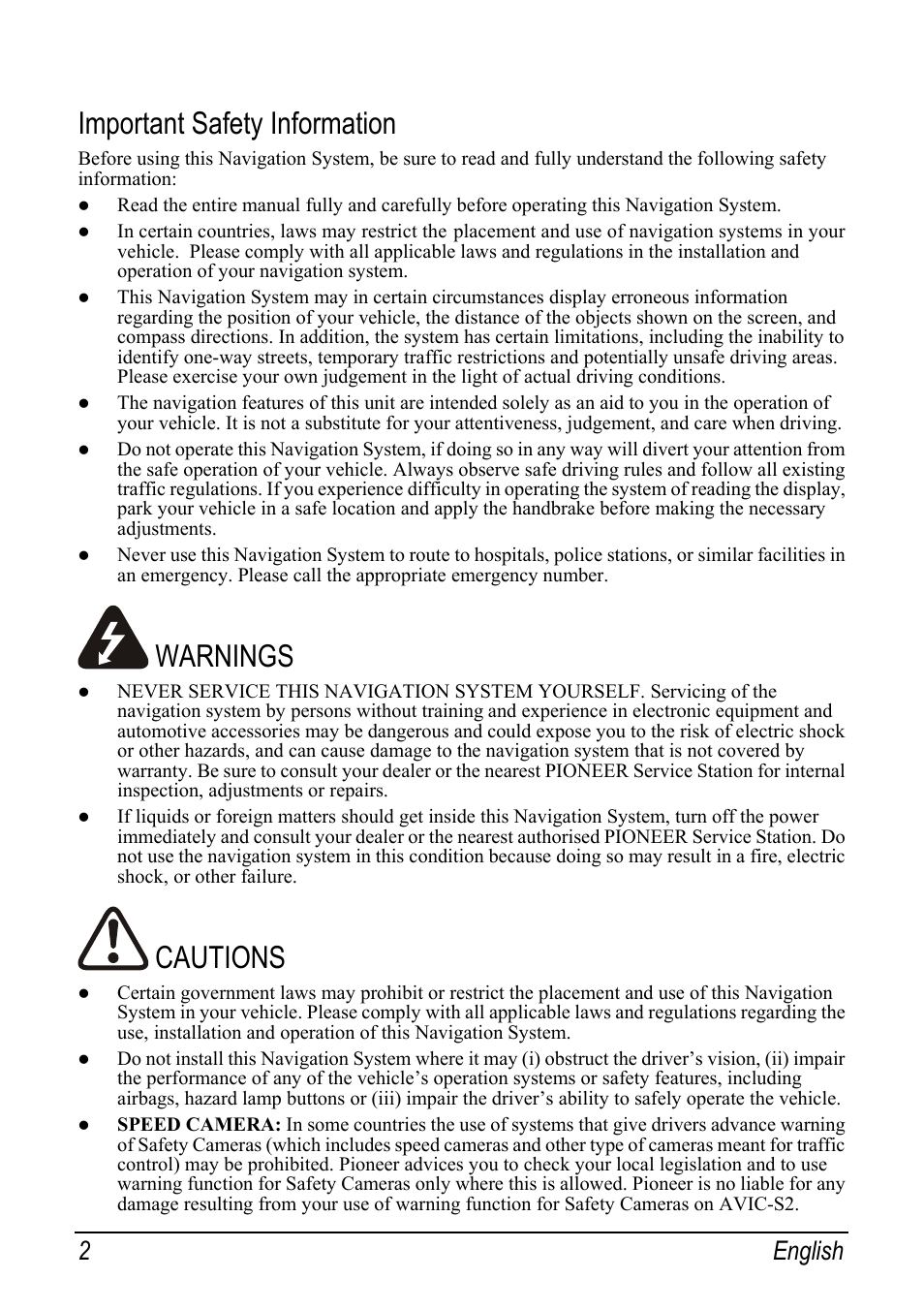 Important safety information, Warnings, Cautions | 2 english | Pioneer AVIC-S2 RU User Manual | Page 34 / 153