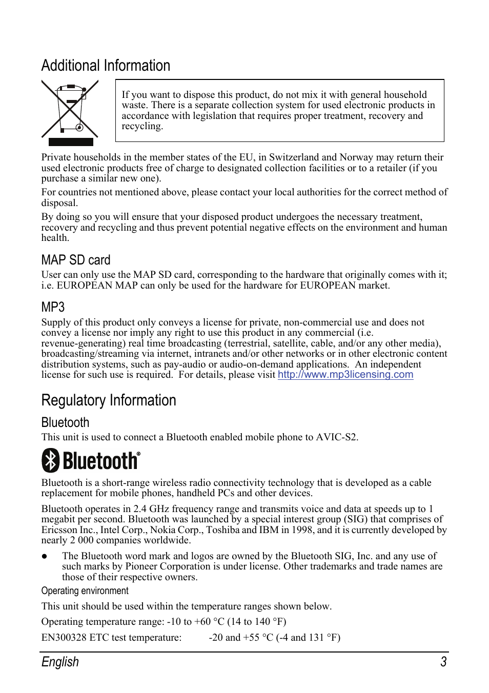 Additional information, Map sd card, Regulatory information | Bluetooth, Operating environment, English 3 | Pioneer AVIC-S2 RU User Manual | Page 35 / 153