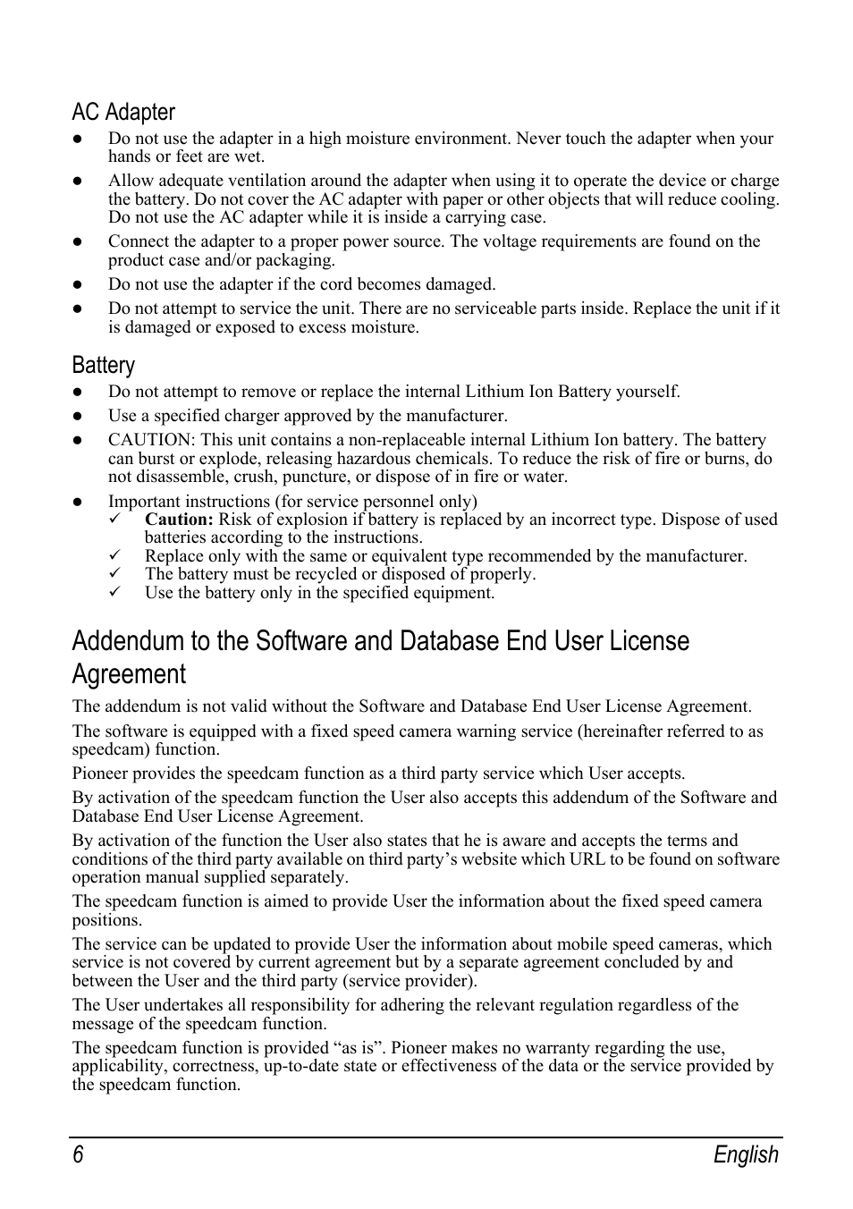 Ac adapter, Battery, 6 english | Pioneer AVIC-S2 RU User Manual | Page 38 / 153