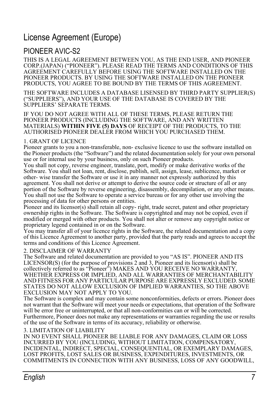 License agreement (europe), Pioneer avic-s2, English 7 | Pioneer AVIC-S2 RU User Manual | Page 39 / 153