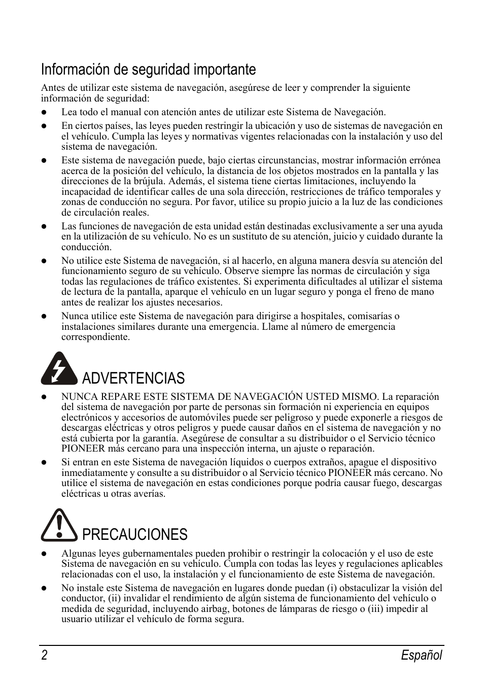 Información de seguridad importante, Advertencias, Precauciones | 2 español | Pioneer AVIC-S2 RU User Manual | Page 42 / 153