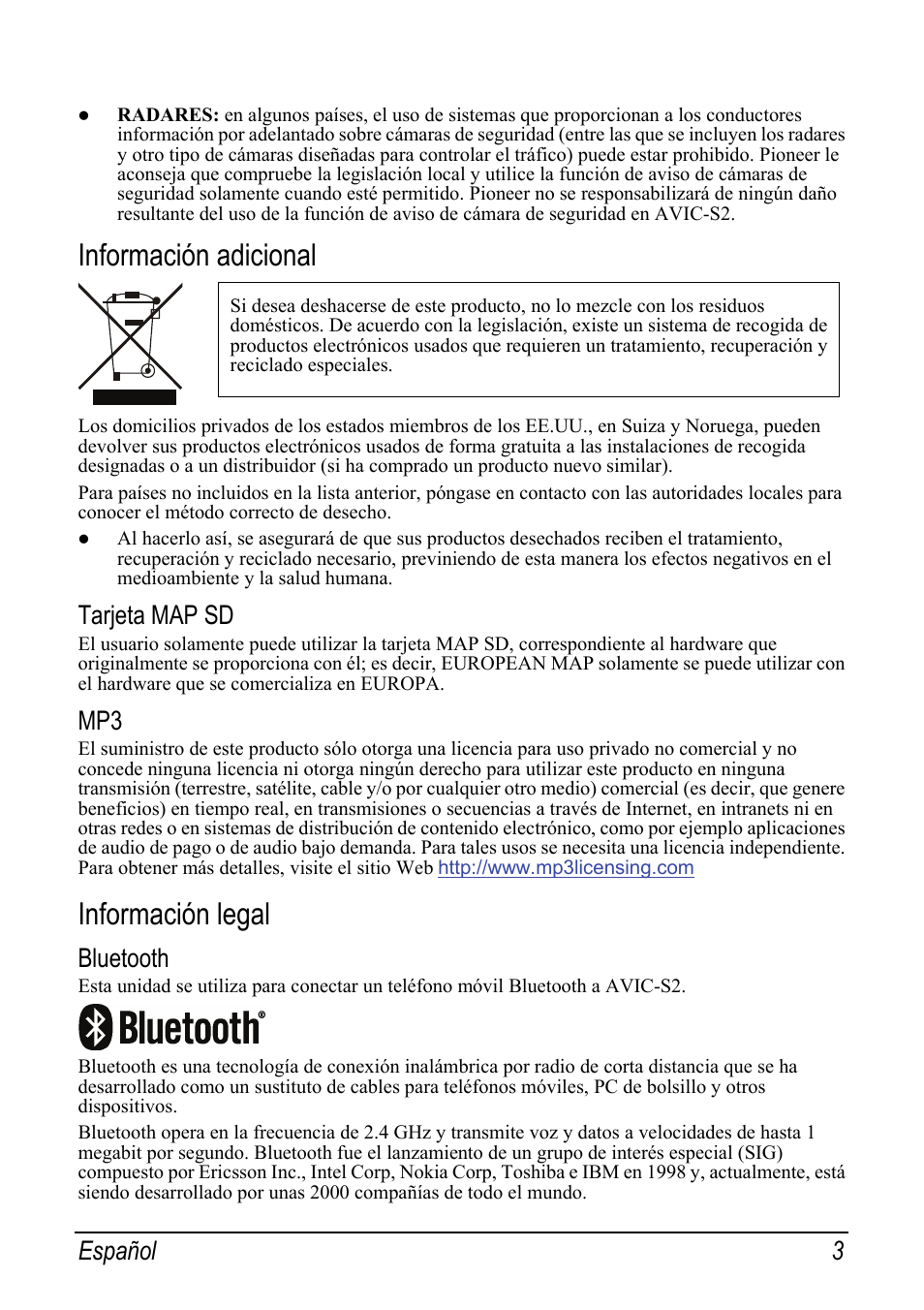 Información adicional, Tarjeta map sd, Información legal | Bluetooth, Español 3 | Pioneer AVIC-S2 RU User Manual | Page 43 / 153