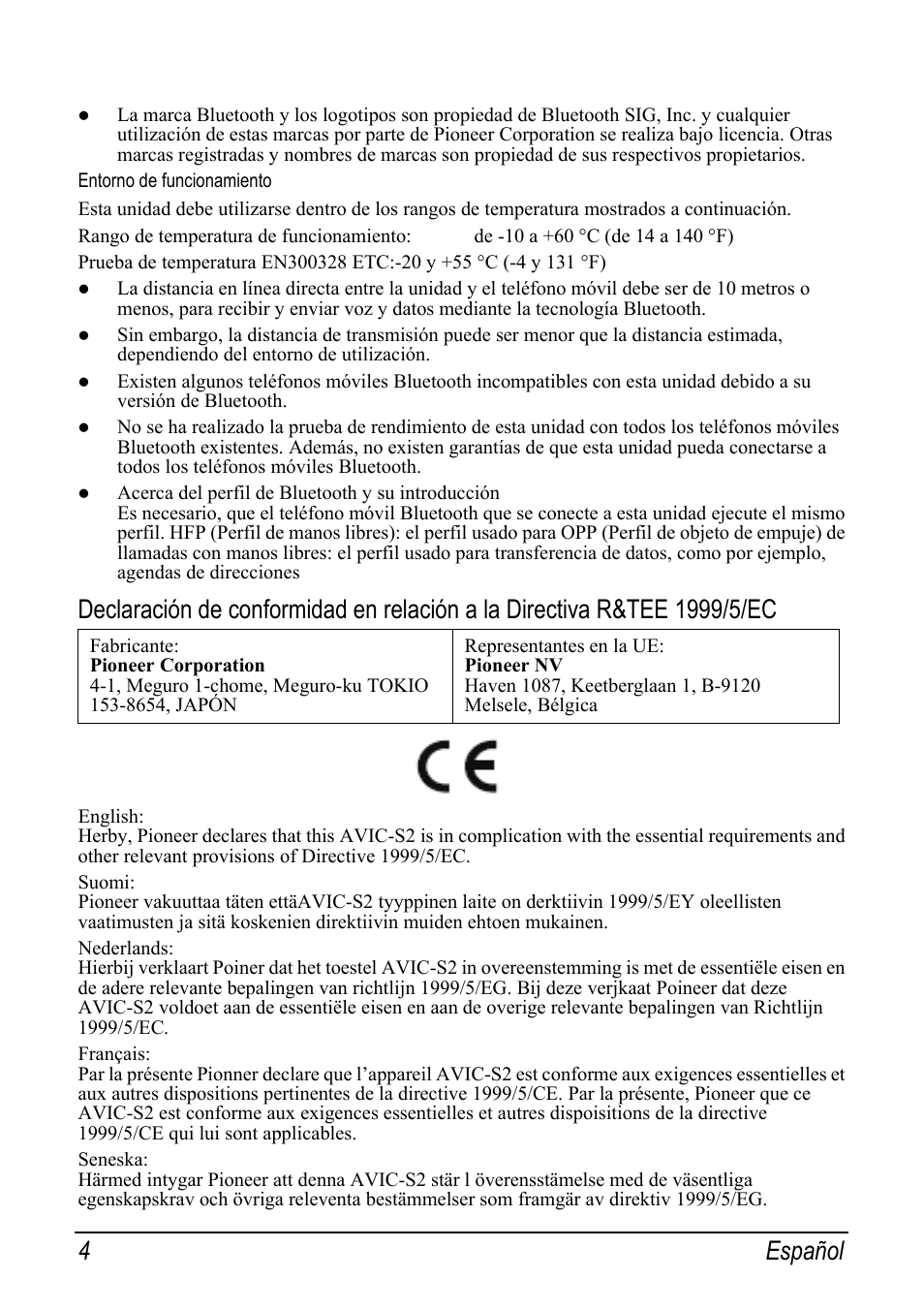 Entorno de funcionamiento, 4 español | Pioneer AVIC-S2 RU User Manual | Page 44 / 153