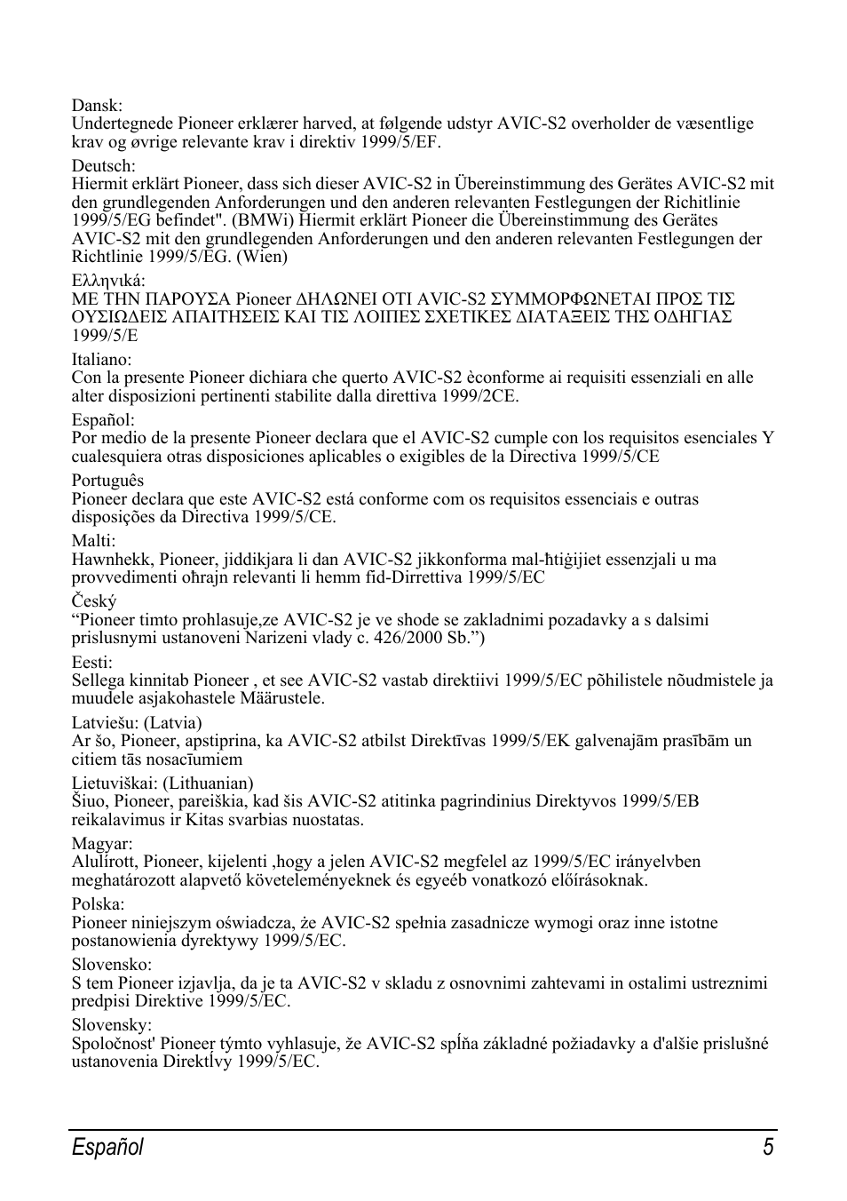 Español 5 | Pioneer AVIC-S2 RU User Manual | Page 45 / 153