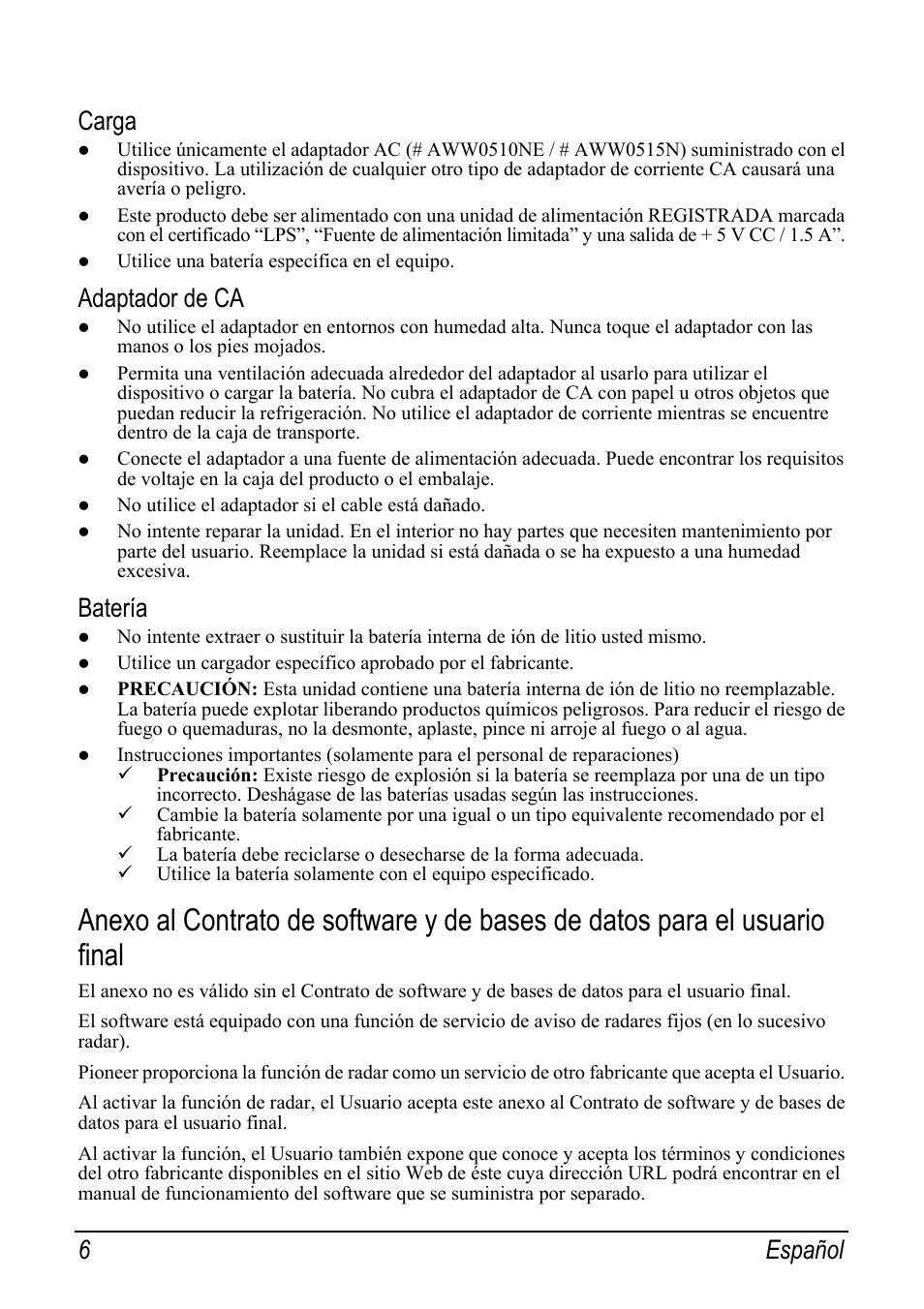 Carga, Adaptador de ca, Batería | 6 español | Pioneer AVIC-S2 RU User Manual | Page 46 / 153