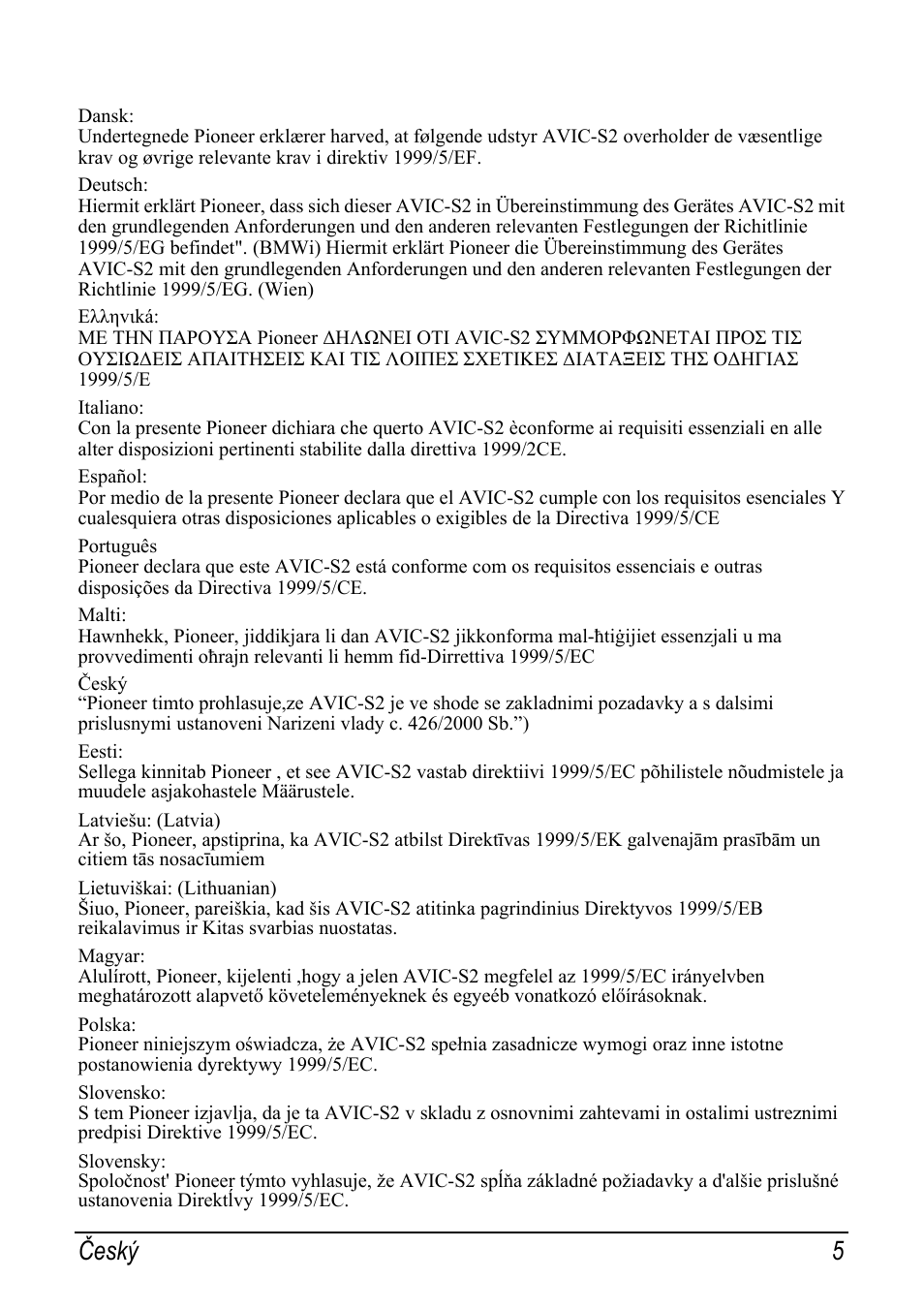 Český 5 | Pioneer AVIC-S2 RU User Manual | Page 5 / 153