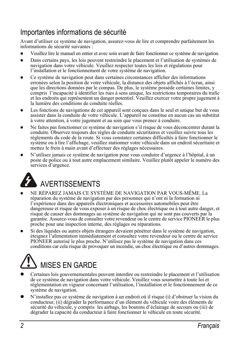 Importantes informations de sécurité, Avertissements, Mises en garde | 2français | Pioneer AVIC-S2 RU User Manual | Page 50 / 153