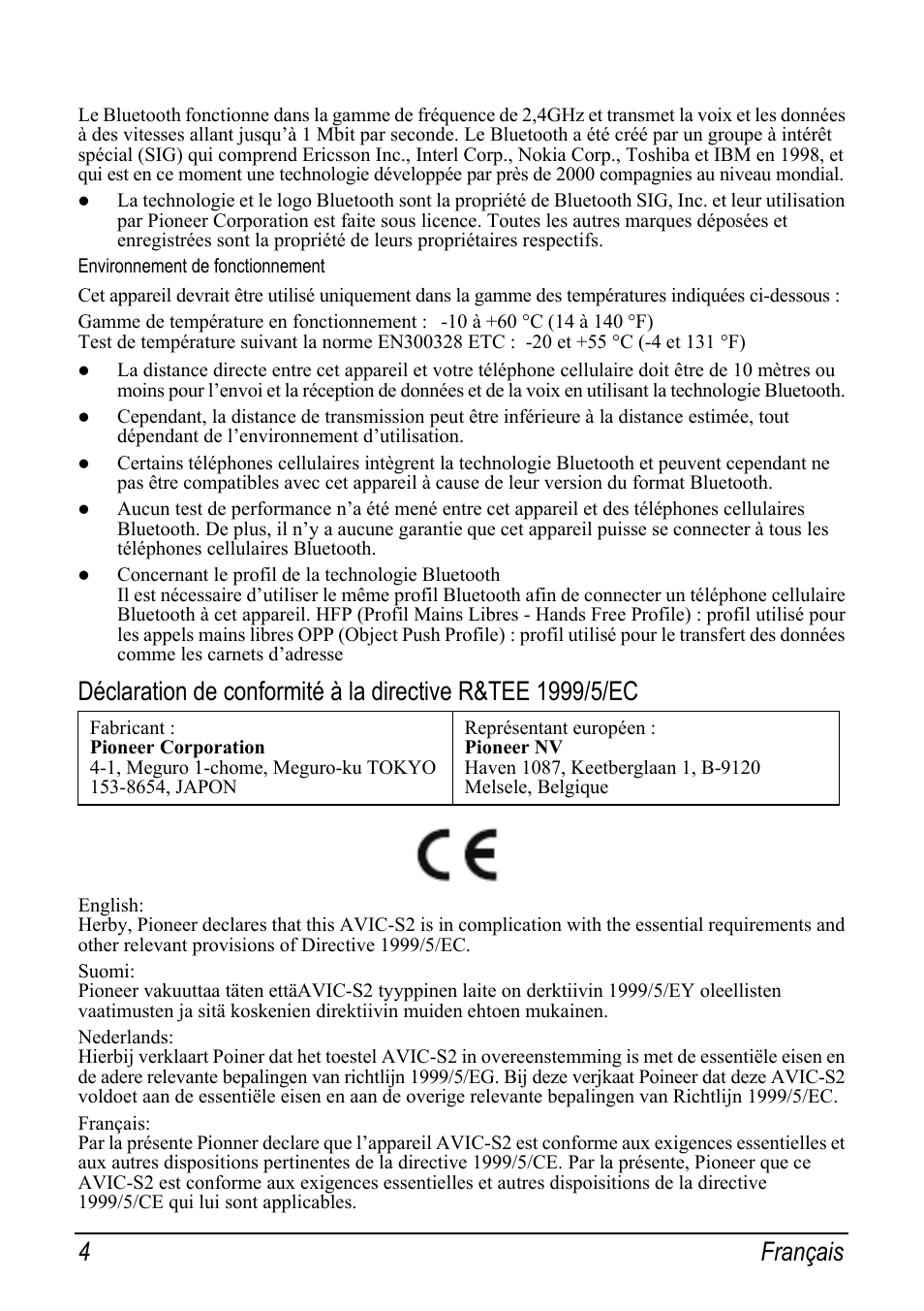 Environnement de fonctionnement, 4français | Pioneer AVIC-S2 RU User Manual | Page 52 / 153