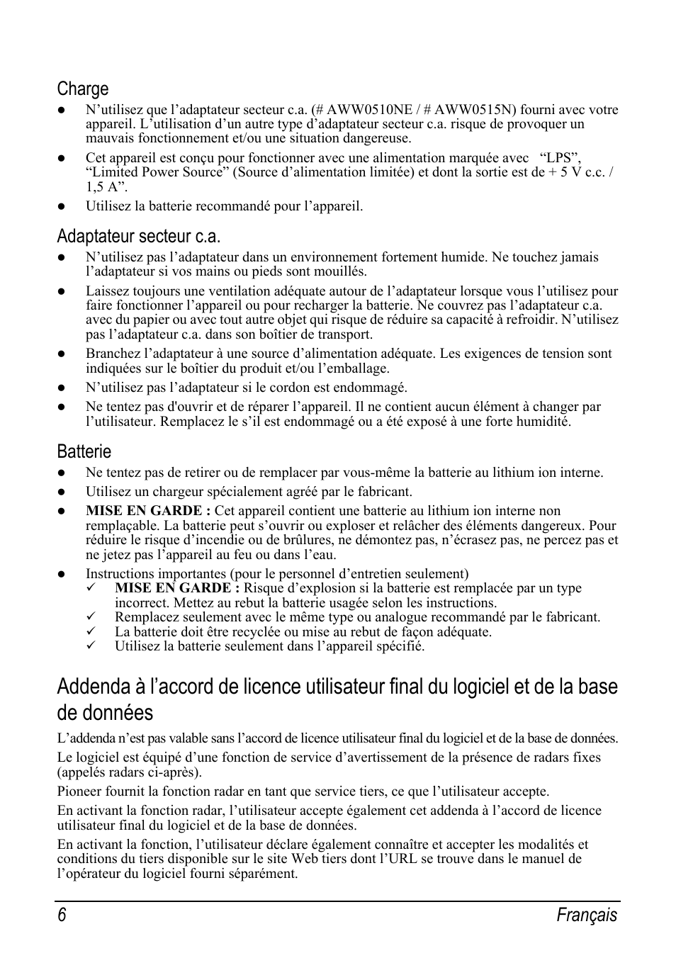 Charge, Adaptateur secteur c.a, Batterie | 6français | Pioneer AVIC-S2 RU User Manual | Page 54 / 153