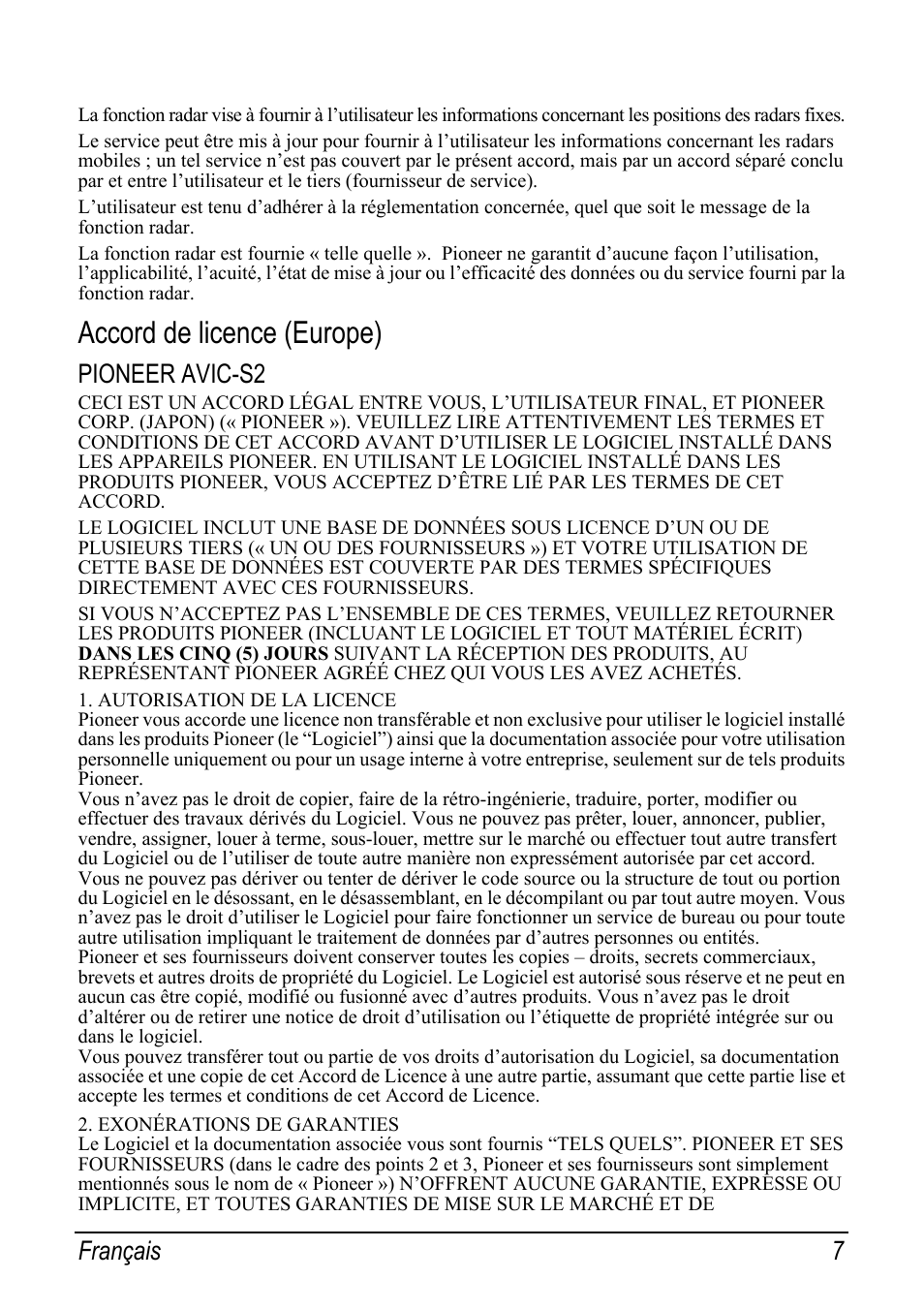 Accord de licence (europe), Pioneer avic-s2, Français 7 | Pioneer AVIC-S2 RU User Manual | Page 55 / 153