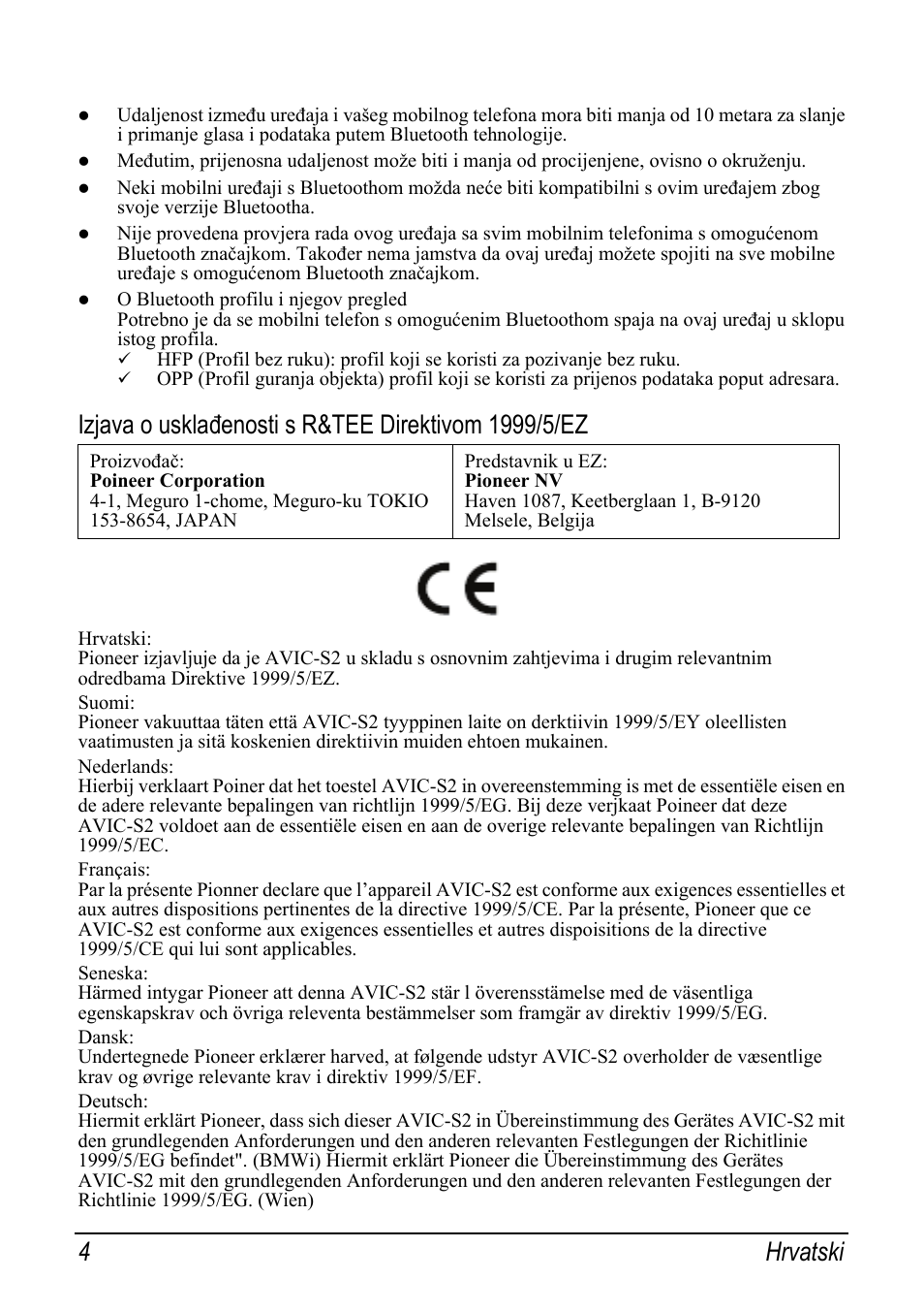 Izjava o usklađenosti s r&tee direktivom 1999/5/ez, 4 hrvatski | Pioneer AVIC-S2 RU User Manual | Page 60 / 153