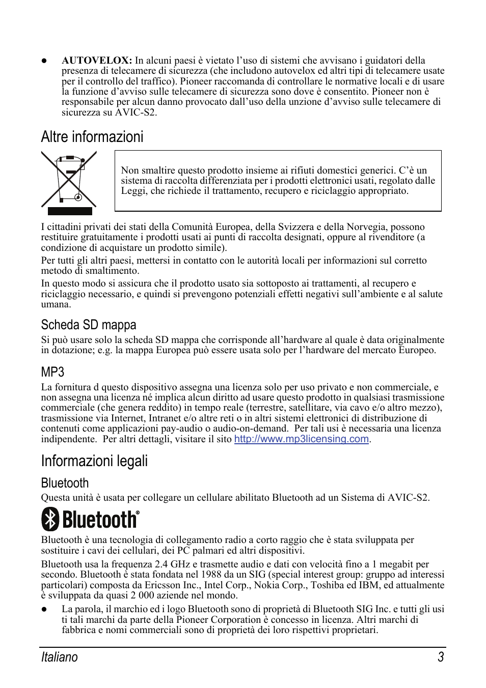 Altre informazioni, Scheda sd mappa, Informazioni legali | Bluetooth, Italiano 3 | Pioneer AVIC-S2 RU User Manual | Page 67 / 153
