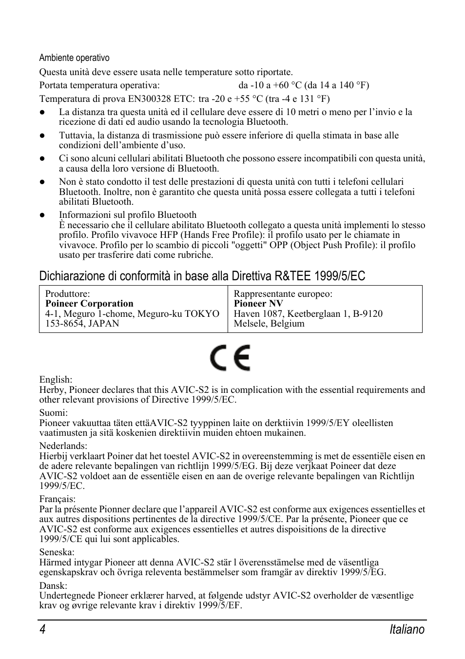 Ambiente operativo, 4 italiano | Pioneer AVIC-S2 RU User Manual | Page 68 / 153