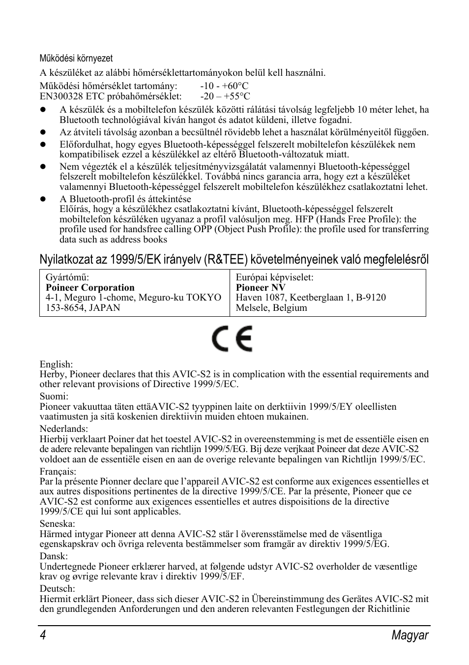 Működési környezet, 4 magyar | Pioneer AVIC-S2 RU User Manual | Page 76 / 153
