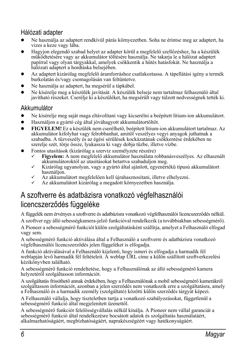 Hálózati adapter, Akkumulátor, 6 magyar | Pioneer AVIC-S2 RU User Manual | Page 78 / 153