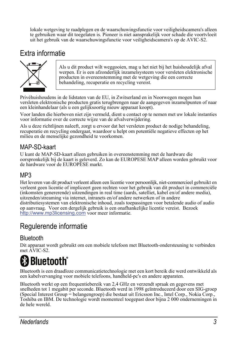 Extra informatie, Map-sd-kaart, Regulerende informatie | Bluetooth, Nederlands 3 | Pioneer AVIC-S2 RU User Manual | Page 83 / 153