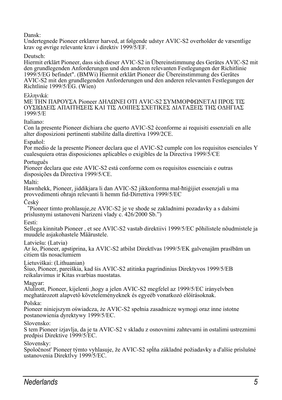 Nederlands 5 | Pioneer AVIC-S2 RU User Manual | Page 85 / 153