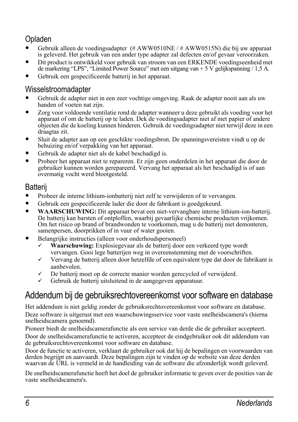 Opladen, Wisselstroomadapter, Batterij | 6 nederlands | Pioneer AVIC-S2 RU User Manual | Page 86 / 153
