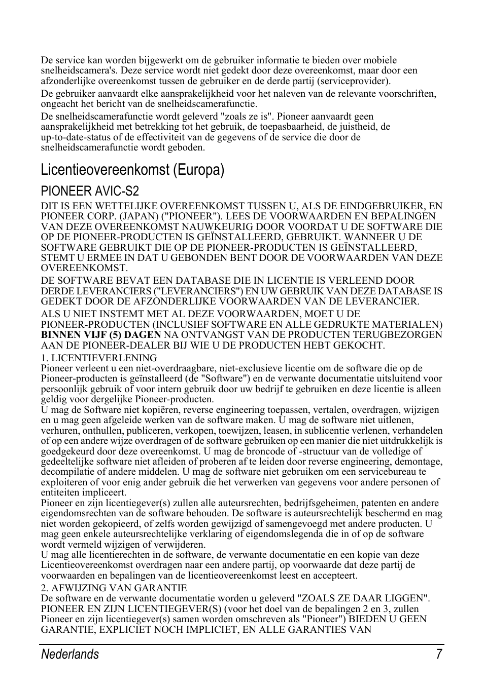Licentieovereenkomst (europa), Pioneer avic-s2, Nederlands 7 | Pioneer AVIC-S2 RU User Manual | Page 87 / 153